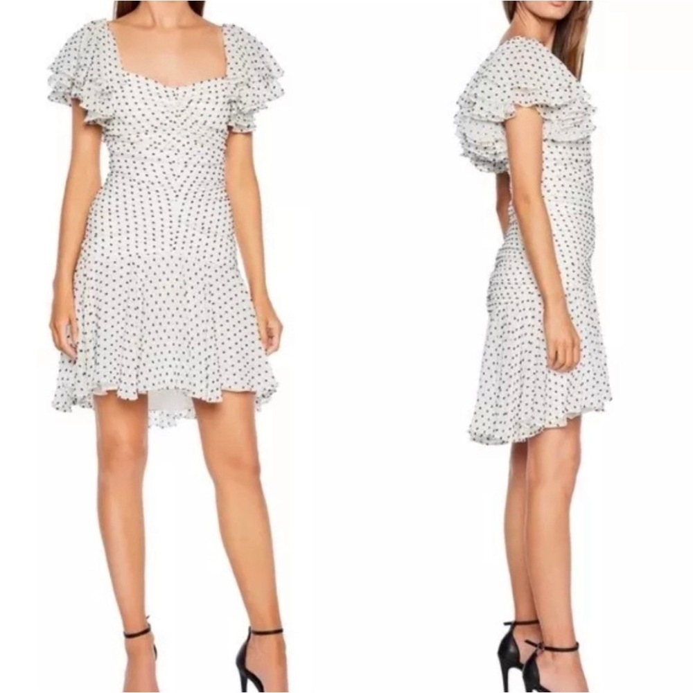 Bardot‎ Womens Ruched Ruffle Mini Dress Polka Dot White Black US 12 XL 52752DB